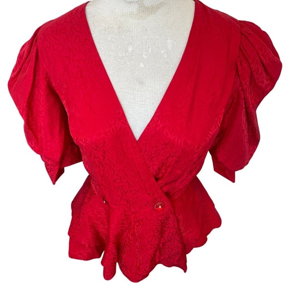 Vintage Mijoli Blouse Silk Puff Sleeves Iridescent Red Faux Wrap Top Sz 6 - Picture 2 of 16